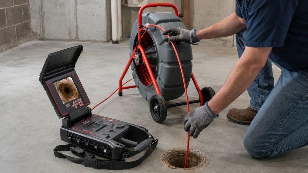 Contractor performing a drain tile camera inspection in a basement using a sewer inspection camera system.