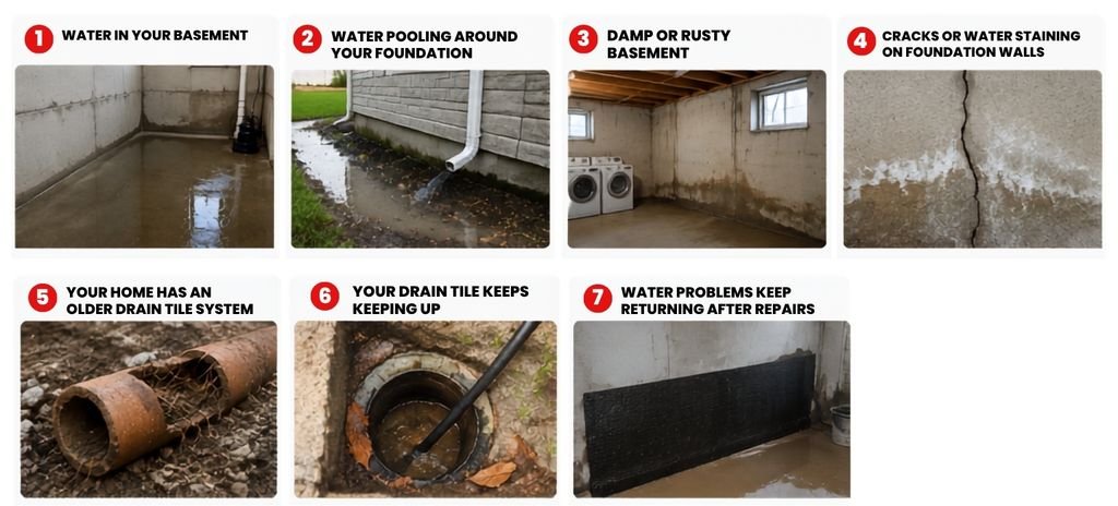 7 signs of drain tile problems in a Vancouver home, including basement water, pooling, dampness, foundation cracks and drain backups.